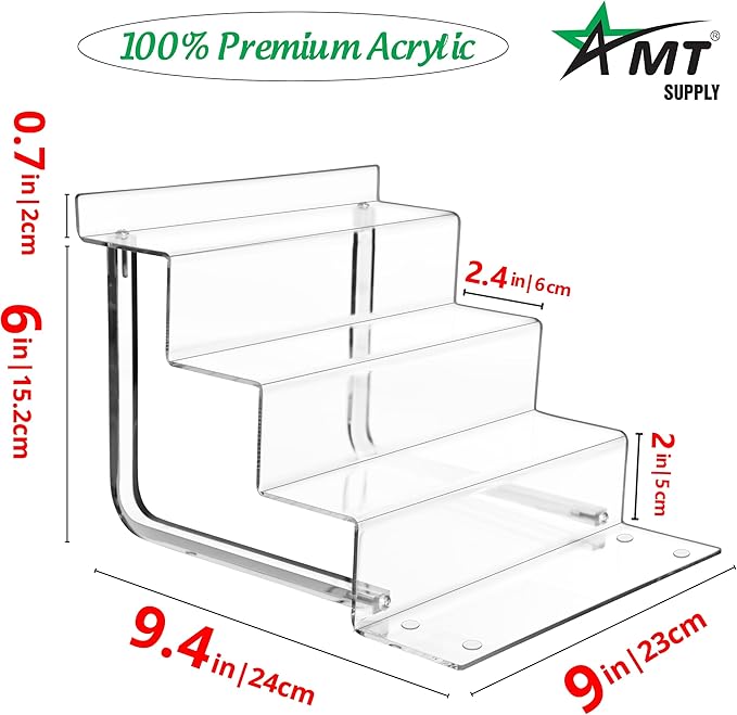 AMT Acrylic Riser Display Stand, 100% Acrylic Clear 4-Tier Organizer for Figures, Cupcake, Perfume, Sunglasses (9 inch x 2.4 inch) 1-pack