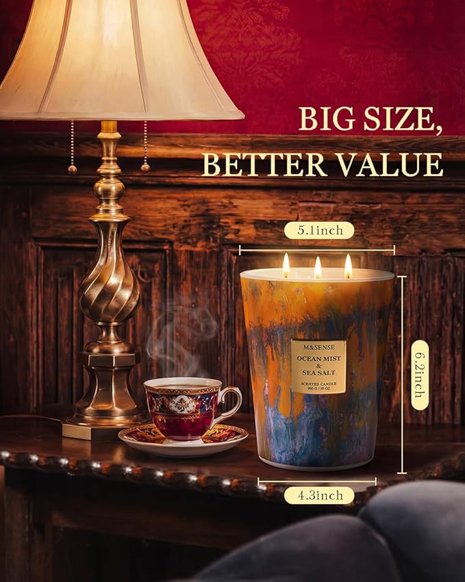 M&SENSE Large 3-Wick Ocean Scented Soy Candle, 35oz 150 Hours Non-Toxic, Fresh Spring Spa Home Fragrance, Decorative Relaxing Candle for Home Decor