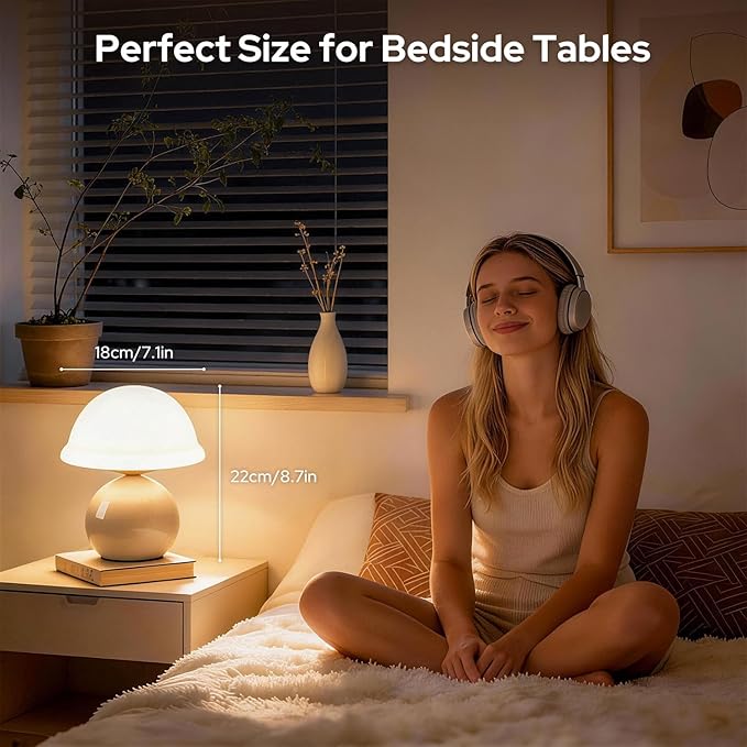 Mushroom Table Lamp for Bedroom, Cozy Bedside Lamp with Glass Shade, Stepless Dimmable Nightstand Lamp for Relaxing Bedroom Decor & Aesthetic Home (White)