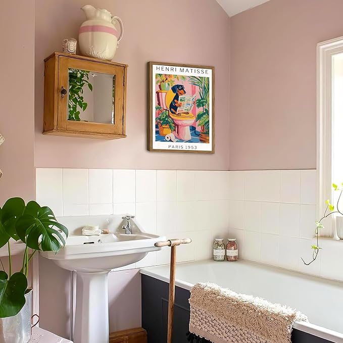 Funny Dachshund Bathroom Wall Art Henri Matisse Dog Bathroom Wall Decor Picture, Cute Puppy Animal Reading Newspaper in Toilet Poster Painting Canvas Print 12x16 inch Wood Framed