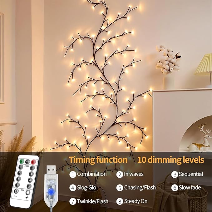 FNHMSL Enchanted Willow Vine Lights 7.55FT 144LED 2 PCS Brown Tree Branch Lights for Wall, Remote Timer,8 Light Model,Bedroom Wall Doors Wedding, Christmas, USB Battery Box