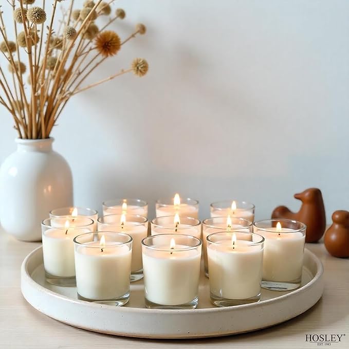 Hosley Set of 12 White Unscented Votive Candles in Clear Glass Holders - Hand Poured Soy Wax, 10-12 Hour Burn Time for Weddings & Home Decor