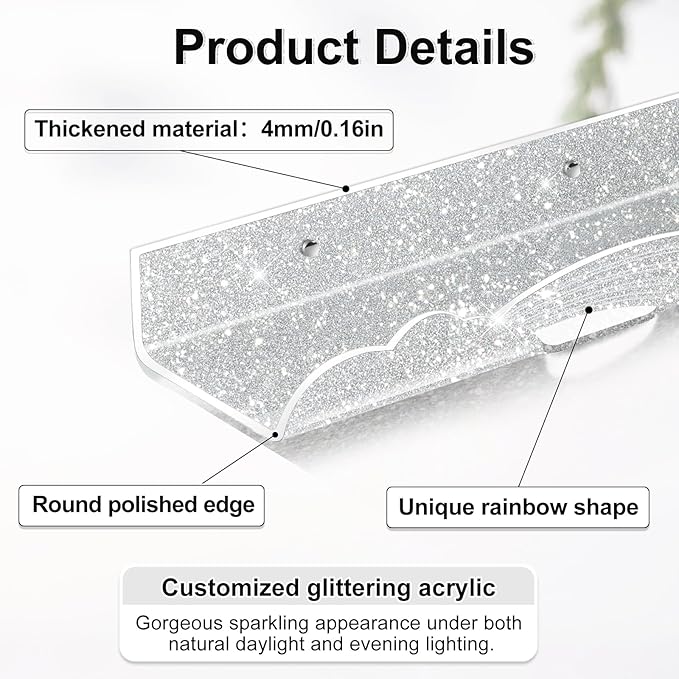 Rainbow Glitter Acrylic Floating Shelves, 23.6" Wall Mounted Nursery Bookshelves, Display Ledge for Books Toys Cosmetic Storage, Bathroom Bedroom Living Room Wall Organizer, 2 Pack, Silver