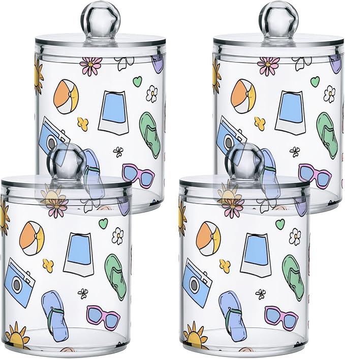 2 Pack Apothecary Jars Charming Summer Beach Art Bathroom Vanity Storage Organizer Set,Small Clear Plastic Storage Jars Bathroom Canister for Cotton Swabs, Rounds, Balls, Qtips,Makeup Sponges,