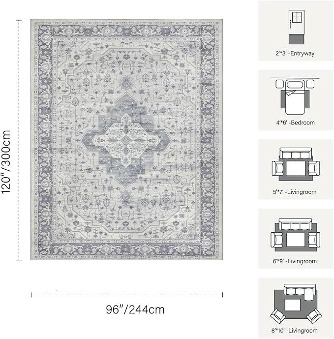 Rugxara 8x10 Washable Area Rug for Living Room, Extra Large Vintage Boho Rugs for Office, Kids Room, Farmhouse, Durable Low Pile Non Slip Carpet for High Traffic Areas,Blue Quartz