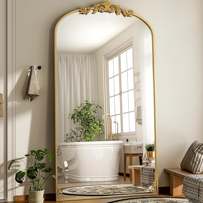 GLSLAND Oversized Vintage Mirror - 72"x 44" Full Length Mirror Large Carved Arched Mirrors with Metal Frame Baroque Full Body for Bathroom/Living Room/Entryway,Gold