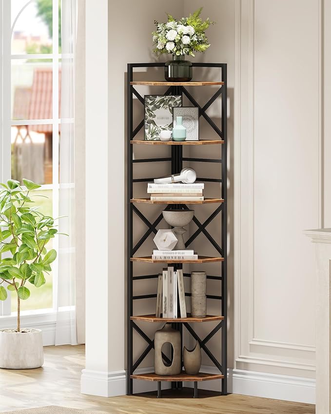 CHOEZON 6-Tier Corner Shelf, Large Corner Shelving Unit, Freestanding Storage Stand for Bedroom, Living Room, Kitchen, Industrial Engineered Wood Bookshelf Organizer, Rustic Brown and Black TCJ75BF