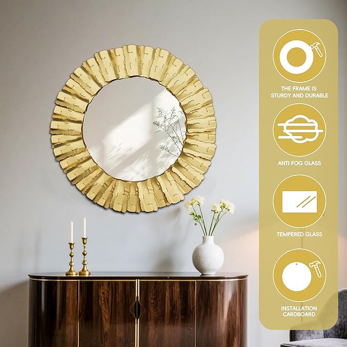 30 Inch Decorative Wall Mirror, Gold Mirrors for Wall Decor, Round Metal Wall Art Mirror, Large Wall Mirrors for Living Room,Bedroom, Bathroom, Entryway