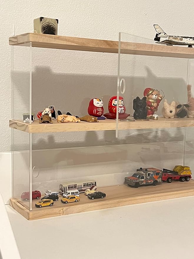Clear Acrylic Display Shelf Case for Mini Funko Pop, Wooden Display Stand for POP MART Double-Deck Riser 2 Steps Storage Rack Decoration Action Figures Collectibles Toys, 15.55" W x 3.78" D x 10.8" H