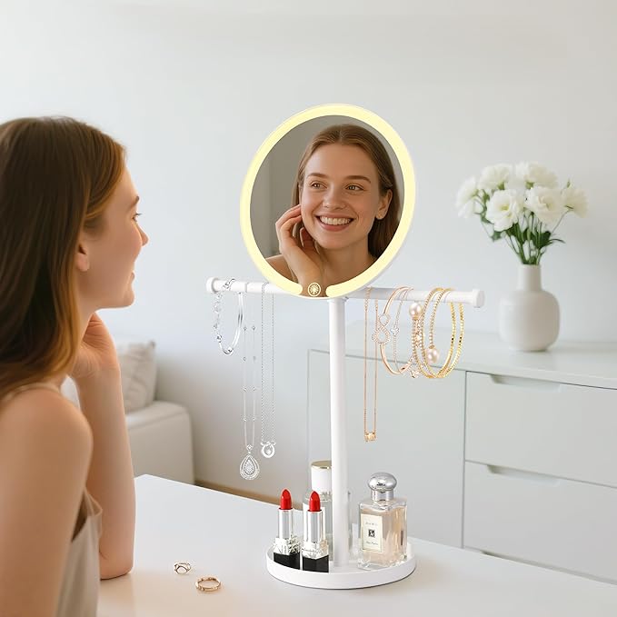 bodkar 2 in 1Lighted Jewelry Organizer Stand with Makeup Mirror – LED Touch Control Vanity Mirror Necklaces Organizer – 3 Light Modes, Jewelry Holder with Tray for Bedroom, Dresser, Gift for Women