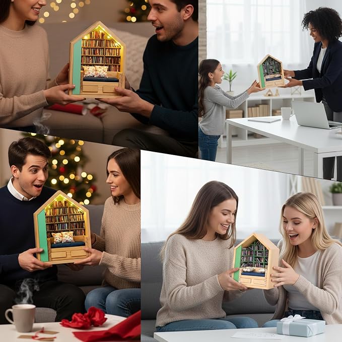 Anxiety Bookshelf with 300Pcs Mini Books & Light, Mini Bookshelf for Stress Relief, DIY Miniature Library Book Shelf, Tiny Bookstore Desk Organizer Decor for Home Office, Gifts for Family & Friend