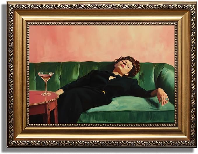 KBKBART Vintage Gold Framed Wall Art, Moody Wall Decor, Funky Victorian Woman on Couch with Martini Picture Canvas Paintings Artist for Bedroom Living Room Home Office Bathroom Decor 12x16Inch