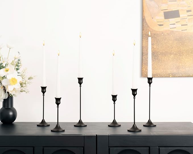 NLBTW Set of 6 Black Candle Holders for Taper, Vintage Candlestick Holder Decorative Metal Candle Sticks Home Decor Centerpieces for Table Mantel Festive Decorations