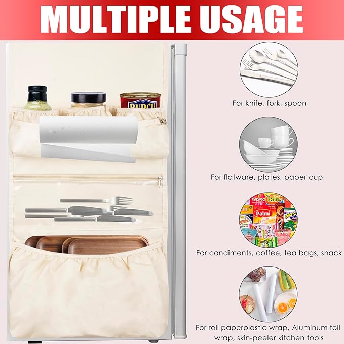 ChezMax Mini Fridge Organizer Dorm Essentials - Over the Fridge Caddy Organizer, Dorm Room Storage, Mini Refrigerator Dust Cover Top with 12 Extra Large Fabric Pockets for Office Kitchen Home, White