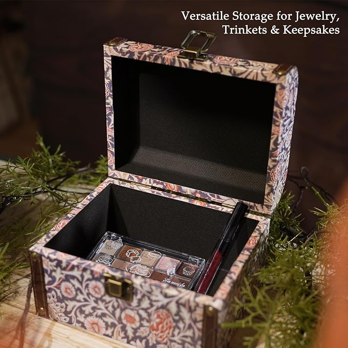 Vintage Decorative Storage Box with Handle, Retro Floral William Morris Keepsake Organizer Chest for Jewelry, Trinkets, Gift Packaging and Home Decor, 7 x 5.6 x 4.7 Inch