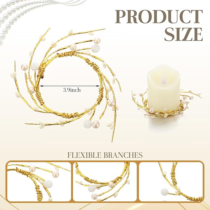 Daifunli 2 Pcs Pearl White Berry and Pip Gold Wire Candle Rings Vintage Pip Berries Wreaths for Pillar 3.9 Inch Candles Holder for Summer Ocean Beach Rustic Table Centerpiece Decor