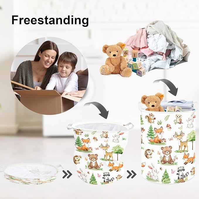 Clastyle Adorable Forest Animal Kids Book Storage Basket Fox Giraffe Clothes Laundry Basket Parents Gift Toy Box for Bedroom Shower, Pine Tree, 36x45 cm