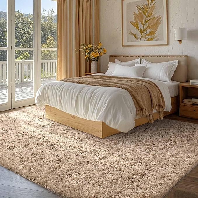 FinRèc 9x12 Feet Tan Rugs for Living Room Bedroom, Fluffy Plush Area Rug, Non-Slip High Pile Shaggy Rug for Kids Room Dorm Room Home Decor, Indoor Solid Shag Floor Carpet