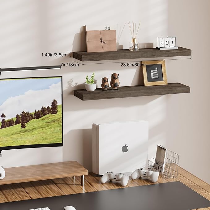 Floating Shelves for Wall, Bathroom Shelves Over Toilet, Wall Shelves & Book Shelf for Room, Hanging Shelf, Modern Wooden Mounted Floating Shelves, 24x7x1.5 in (Smoke Gray, Set of 2)