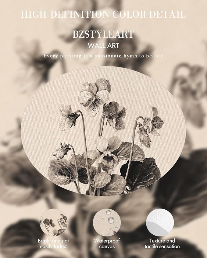 Bzstyleart Vintage Wall Art Decor for Living Room, Gold Framed Flower Wall Art Vintage Travel, Sketching Painting Picture, Home Decor Aesthetic for Kitchen Bathroom, Viola Sororia, 12L x 16W