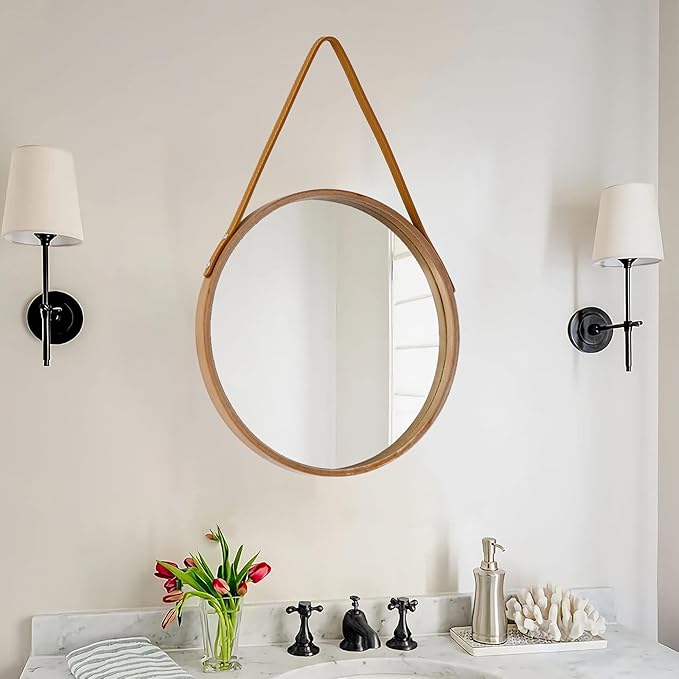 Natural Round Hanging Mirror, 11.8 Inch Farmhouse Mirror with Leather Hanging Rope for Bathroom, Bedroom, Living Room, Entryway Home Decor. (Natural, S-11.8in)