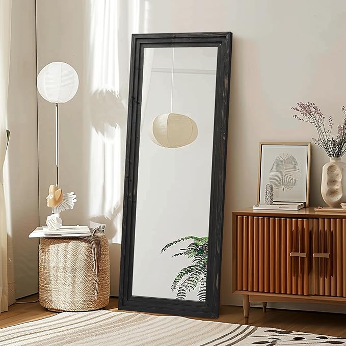 Full Length Mirror 58"x22" Solid Wood Frame Floor Large Mirror for Living Room, Bedroom Hanging or Leaning Wall-Mounted, Black