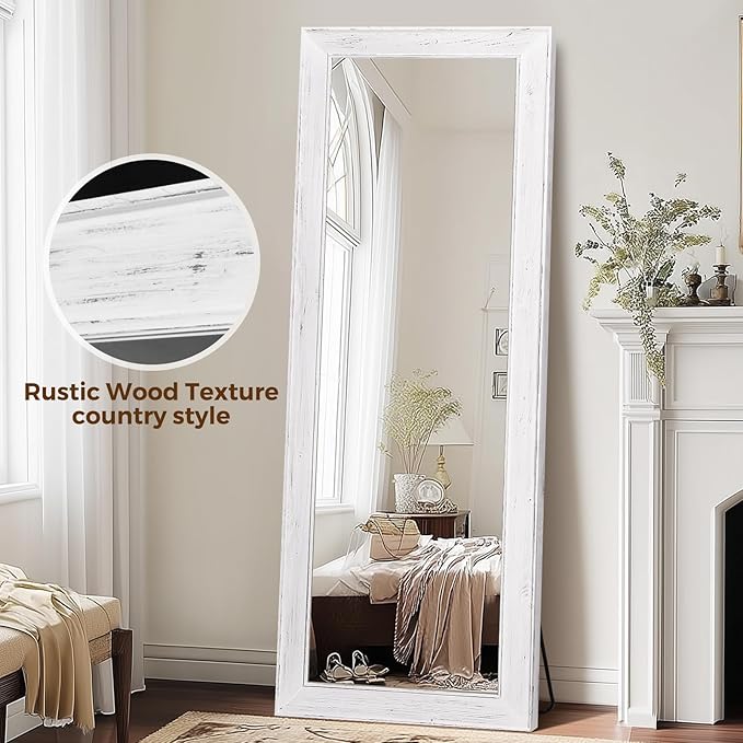 Full Length Mirror 65"x24" - Beveled Edge Rustic White Dressing Mirror, Solid Wood Frame, Wall Mounted or Standing for Bedroom, Entryway, Living Room