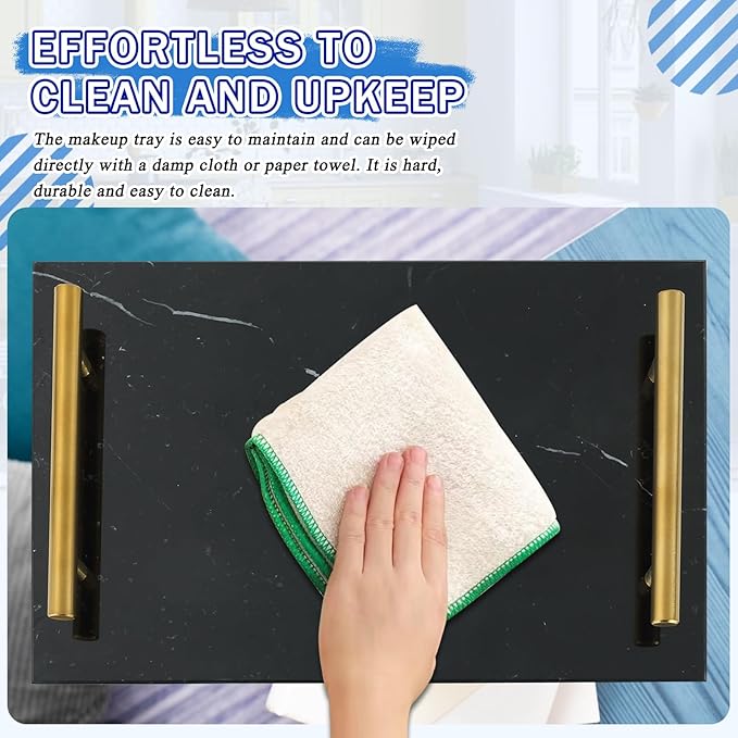 MAOPINER Marble Stone Decorative Perfume Tray with Copper Color Metal Handles, Handmade Jewellery Catchall Trinket Tray for Counter, Vanity, Dresser, Nightstand and Desk (Black)