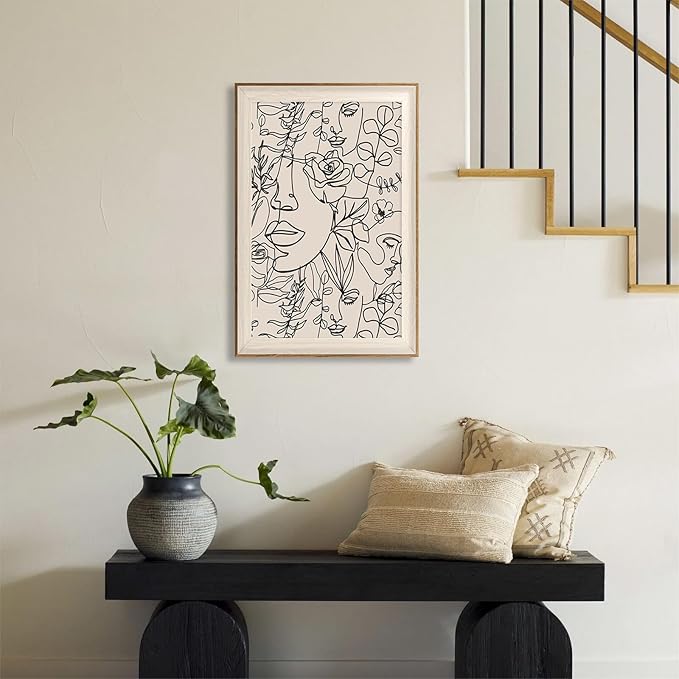 ASTRDECOR Abstract Framed Wall Art, Minimalist Boho Art Prints Women Portrait Line Art Wall Decor, Mid Century Wall Prints, Boho Wall Art Canvas, Neutral Black Beige Bedroom Decor - 16''x24''