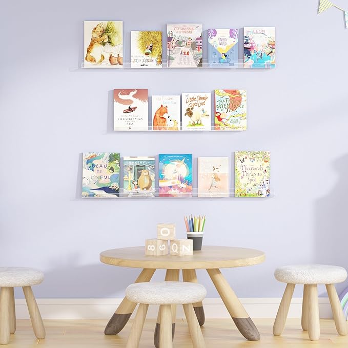 upsimples 10 Pack Clear Acrylic Shelves, 1.7" x12" Clear Wall Shelves for Nail Polish, Vinyl Wall Mount, Record Holder, Magazine Rack, Comic Display, Picture Ledge Shelf Décor