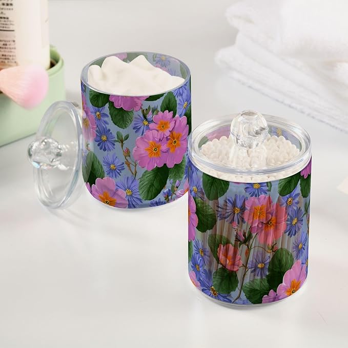 2 Pack Apothecary Jars Artistic Primrose Aster Pattern Bathroom Vanity Storage Organizer Set,Small Clear Plastic Storage Jars Bathroom Canister for Cotton Swabs, Rounds, Balls, Qtips,Makeup Spo