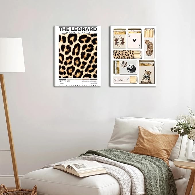 Framed Trendy Leopard Canvas Wall Art Set of 3, Preppy Cheetah Lucky 8 Ball Pictures Wall Decor Prints, Funky Y2K Paintings Girly Aesthetic Home Decor for Living Room Bedroom Dorm 12x16 inch