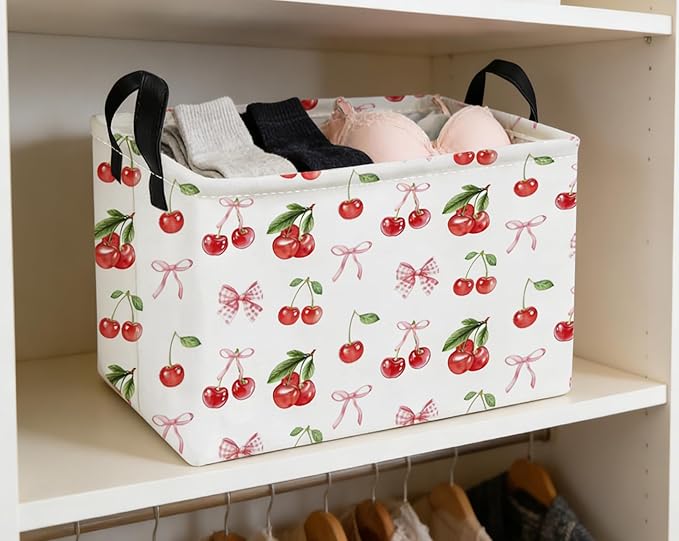 Essme Rectangular Kids Baskets,Cherry Storage Box,Cute Basket for Kids with Handles for Room Decor, Book Bins,Shelf Basket.(Cherry)