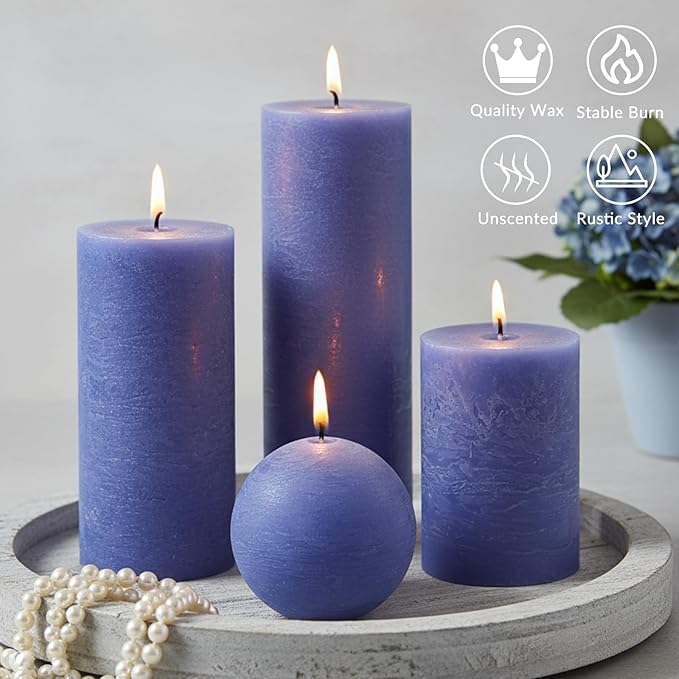 Dark Blue Rustic Textured Pillar Candles Set - 4 Pcs Assorted Sizes Unscented Pillar Candle, Decorative Farmhouse Candles for Home Centerpiece Decor, Holiday Dinner Table, Dripless & Smokeless