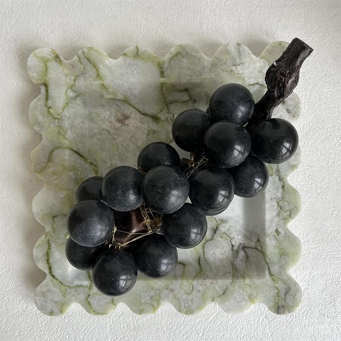 Vintage Natural Marble Tray Small Ornaments Scalloped Tray Handmade Storage Dish for Counter, Vanity, Dresser, Nightstand and Desk (Green Emerald)