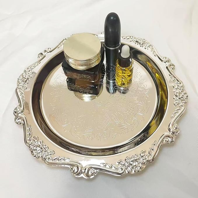 Round Tray Decorative Perfume and Makeup Organizer, Vintage Sliver Trays 7.87”, Stainless Steel Metal Tray for Dresser, Bathroom or Jewelry Display Home Decor