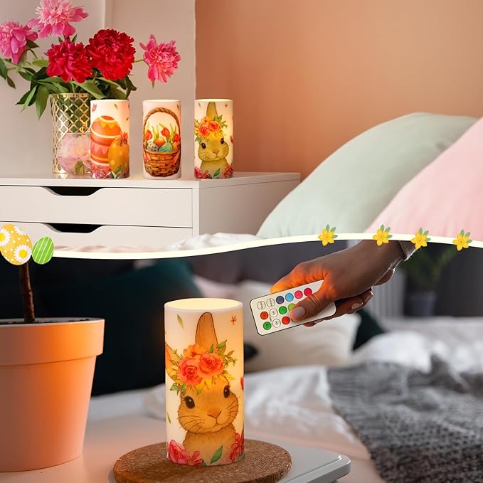 Retisee 3 Pcs Colorful Easter Flameless LED Candles Battery Operated Bunny Spring Flickering Pillar Candles with Remote Pastel Easter Decoration Centerpiece for Bedroom Living Room Dinner Table Decor
