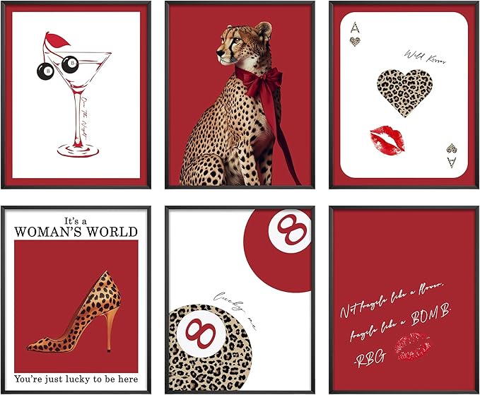 Eastern Print Trendy Red Leopard Wall Art, Set of 6 Cheetah Print Posters, Fashion & Empowerment Decor for Women’s Room, Girl Boss Bedroom Gallery Aesthetic, Unframed (8x10 inch)