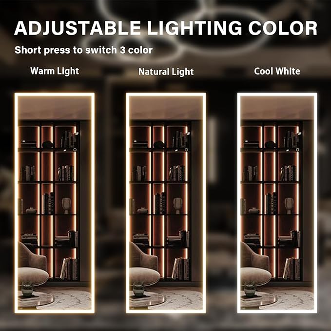 63x20 inches Full Length Mirror with Lights, Wall Mounted, 3 Color Lighting & Adjustable Brightness, Modern Home Decor for Bedroom, White