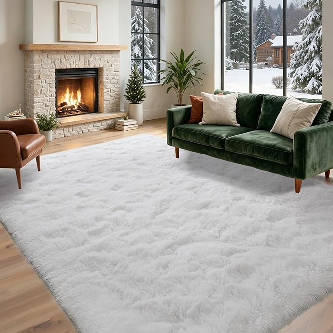 8x10 ft Fluffy White Rugs for Living Room Soft Fuzzy Bedroom Area Rug Non-Slip Shaggy Carpet for Nursery Kids PlayRoom Dorm Office Indoor Modern Plush Carpet Teens