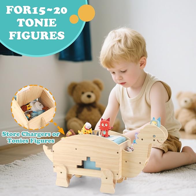 Dinosaur for Toniebox Organizer Shelf Storage – Magnetic Wooden for Tonies Shelf & Tonies Figures Display Rack, Slideable Dinosaur Car Design Compatible with Toniebox 1/2