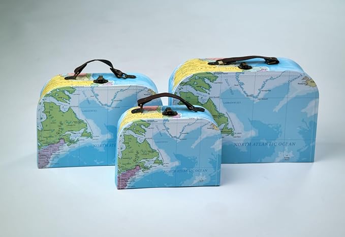 wald imports - Set of 3 Paperboard Suitcases -Decorative Storage Boxes - Suitcase Set for Decoration, Storage, and More (Blue Map)