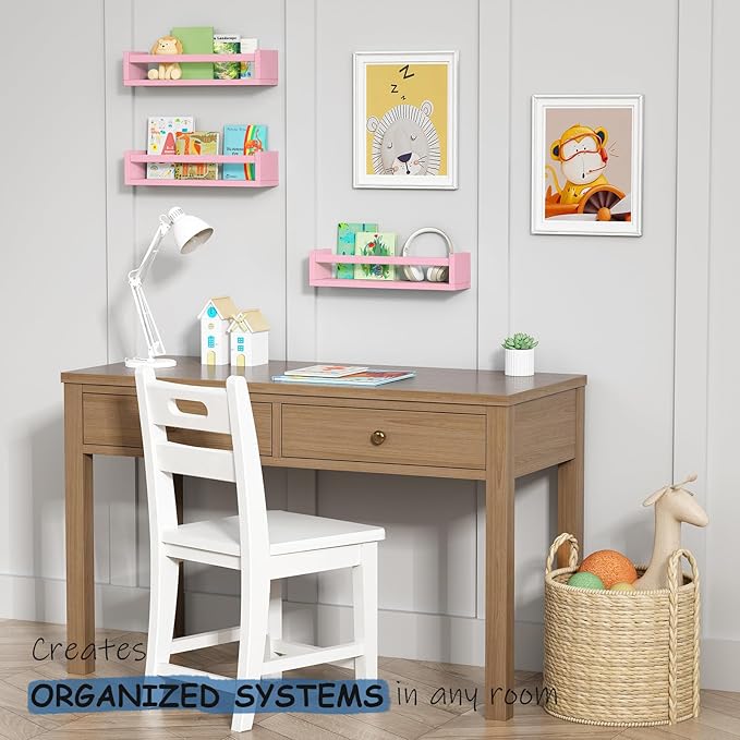 Harwaya Pink Nursery Floating Shelves for Wall Set of 3, Baby Girls Room Wall Book Shelves for Kids Bedroom, Corner Bookshelf for Toddler Children Bathroom Decor and Toys Organizers and Storage