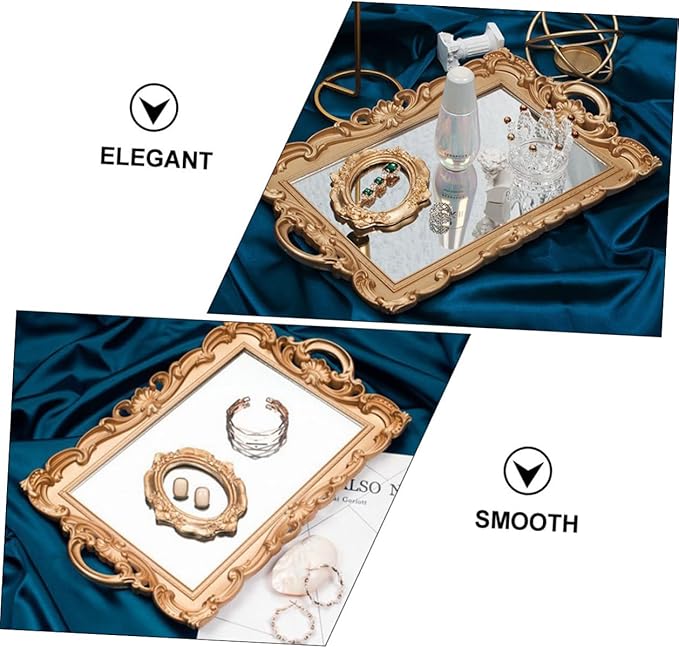 Lurrose Retro European Mirror Tray Decorative Storage Plate for Cosmetics and Perfume, Golden Rectangular Makeup Organizer for Vanity and Photo Props, Household Display Accent