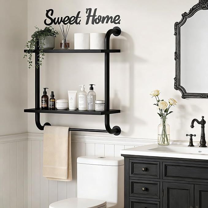 Tinpin Bathroom Shelves Wall Mounted, Rustic Farmhouse Pipe Shelves, Wall Shelves 2-Tier, Industrial Pipe Shelving, Floating Shelf Decor for Bathroom, Bedroom, Living Room Thanksgiving 17.3in Black