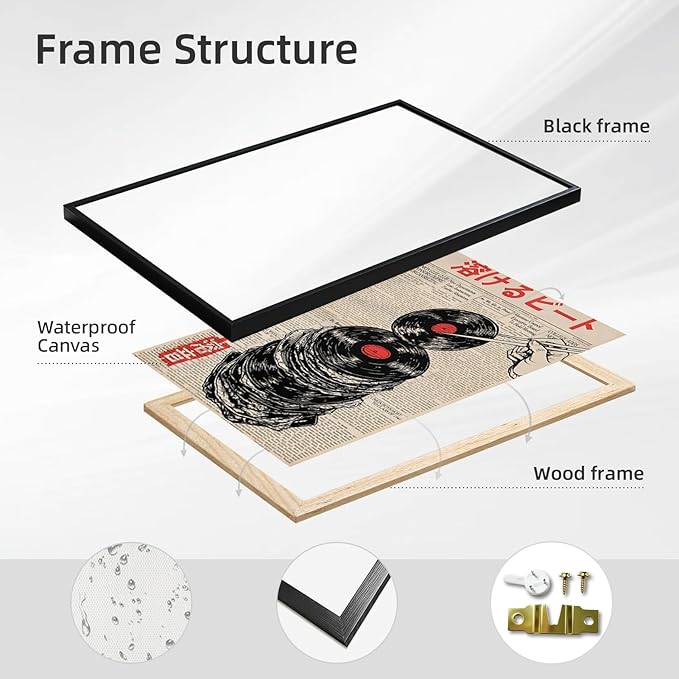 Japanese Retro Music Canvas Art Vintage Melting Vinyl Record Newspaper Print Abstract Beat Poster Funny Aesthetic Wall Decor For Home Bedroom Dorm 8x10inch Black frame