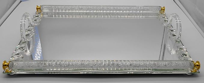 Rectangle mirrored and crystal tray cosmetic Makeup tray Jewelry trinket tray Organizer Vanity tray Mirrored Decorative tray Dresser Desert or cookie tray Perfume Skin care 15” x 10” x 3” Home decorat
