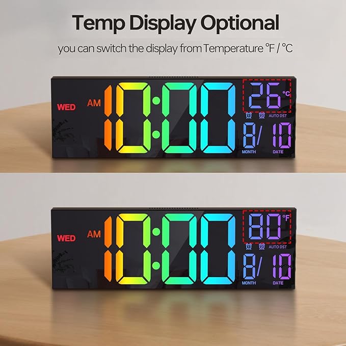 JALL 16.1" Large Digital Wall Mount Clock, Count Down Timer, Alarm, Big LED, RGB Color, DST, Temperature for Living Room Classroom Desk, Wall, Xmas, Birthday Gift for Senior Mom Dad, Rainbow