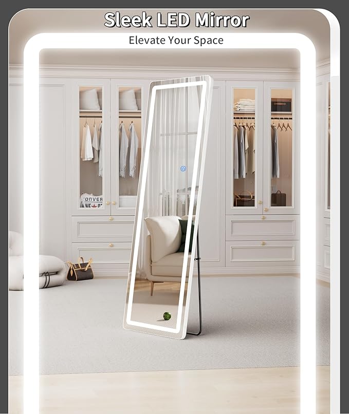 Koonmi Full Length Mirror with LED Lights, 68"x26" Lighted Mirror with Dimming & 3 Color Lighting, Big Mirror for Bedroom, Dressing Room, Rectangle,White
