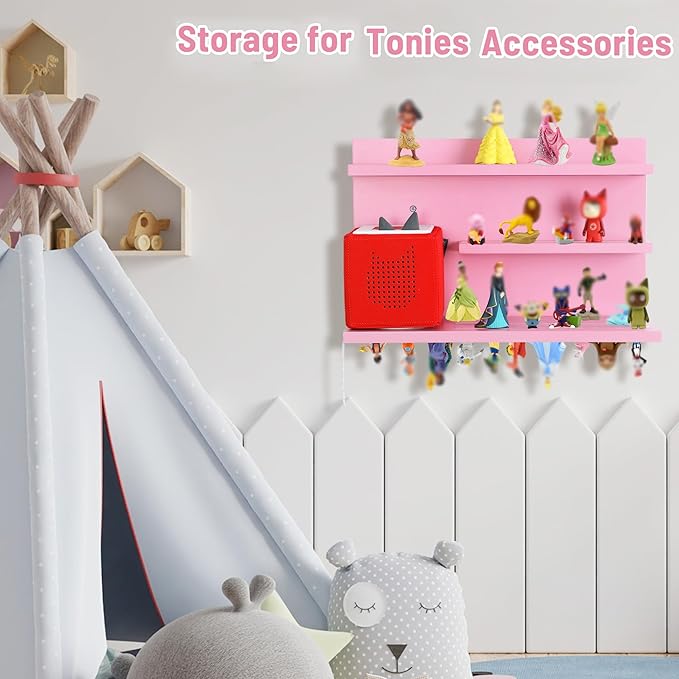 PHOENANCEE for Tonies Shelf Magnetic,for Toniebox Figures Storage Display Shelf 40-48 Character,Wall Floating Shelves Wooden,Compatible Charging Station for Children Kid's Room,Pine,3 Tier